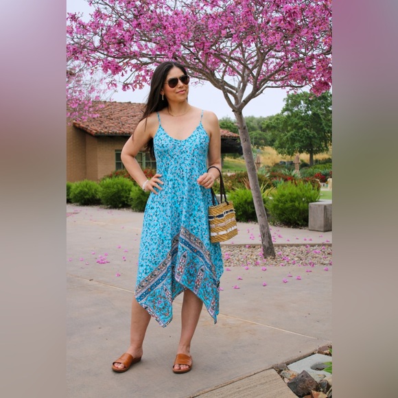 Chigant Sundress Midi Vacation Dress Floral Print Blue Color Size M Brand New - Picture 7 of 10